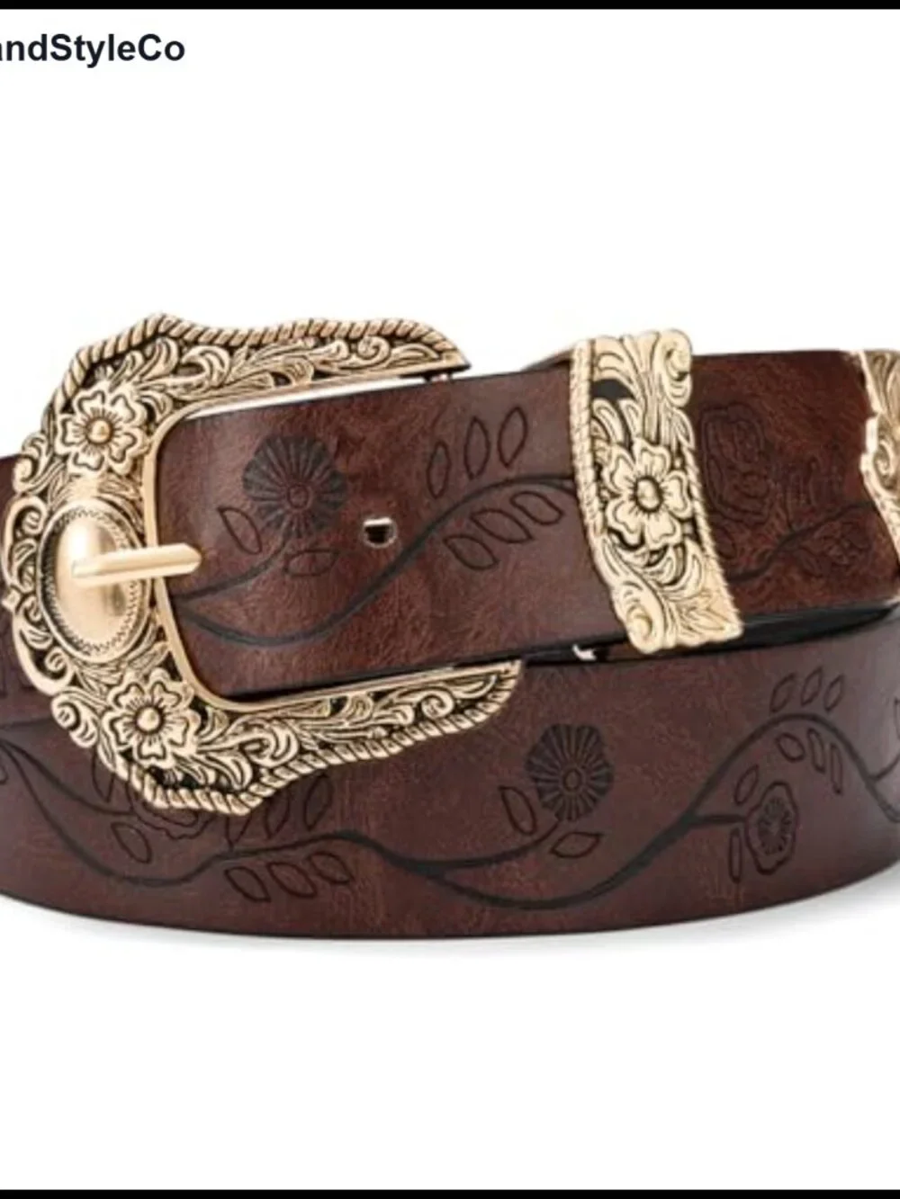 Women's Western Belt PU Leather Embossed Floral Gold Buckle